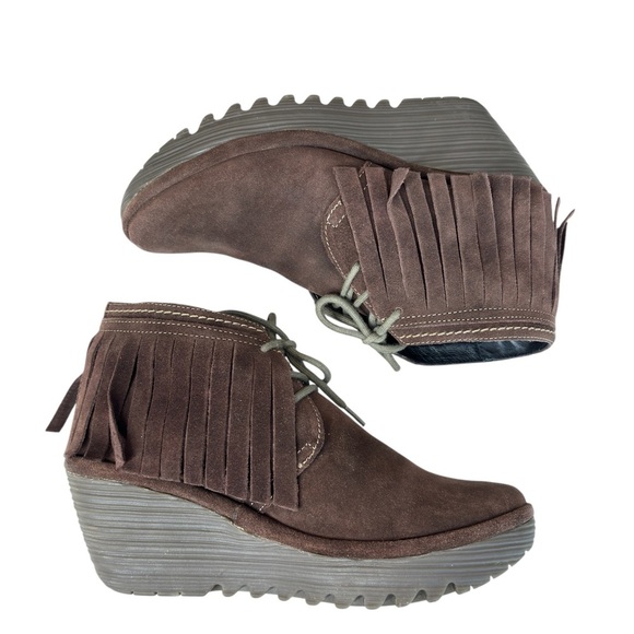 Fly London Yank Fringe Ankle Boot Lace Up Booties Brown SUEDE Size 40 US 9 / 9.5 - Picture 10 of 16
